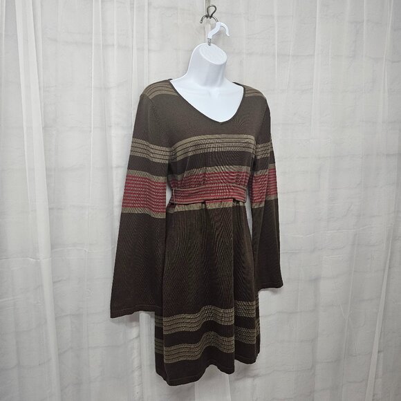 Prana Brown Red Striped Knit Dress Belted Boho Festival Hippie M - Picture 4 of 13
